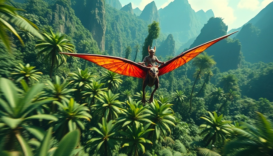 Cinematic game scene with an alien creature flying in a lush jungle, capturing the essence of movie games that don't suck anymore.
