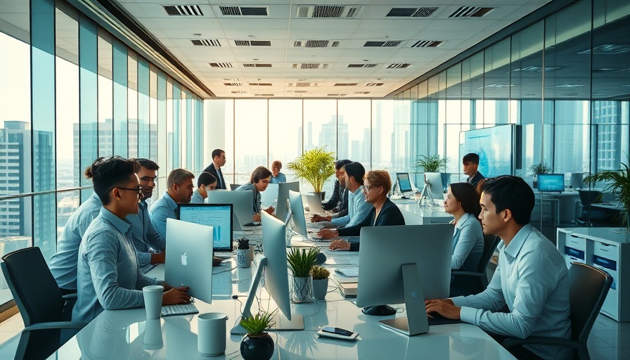 Modern office with AI property analytics tool on screens.