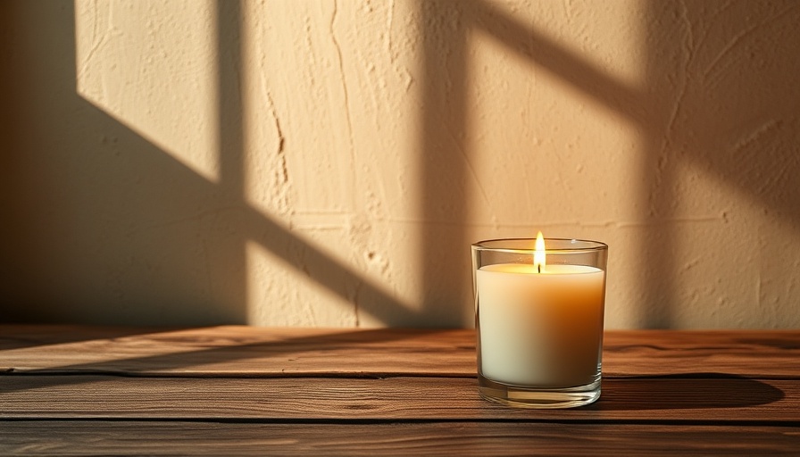 Minimalistic scented candle casting soft shadow on a rustic table, signature scent for home summer fragrance.