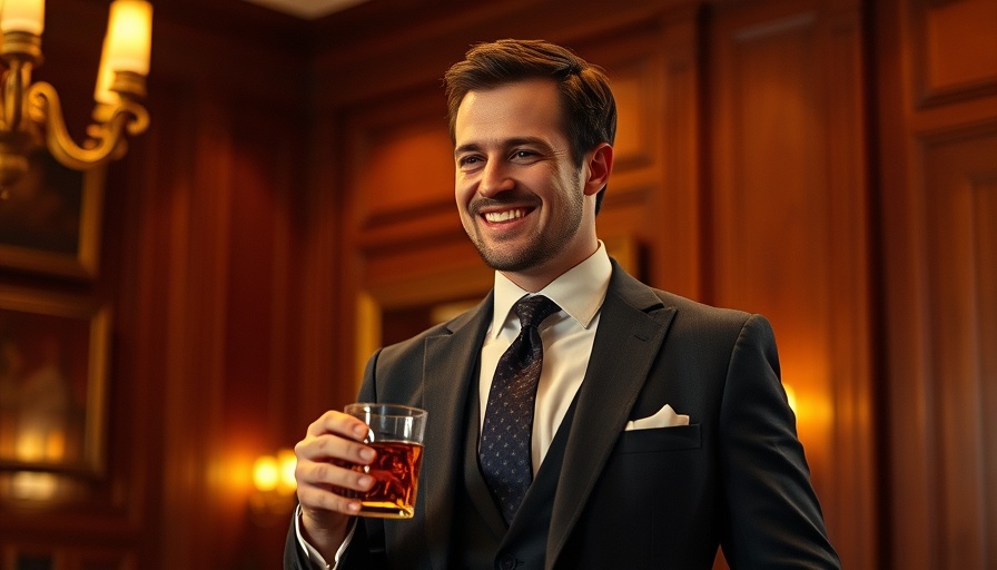 Confident man in suit smirking with a drink in hand, elegant setting.