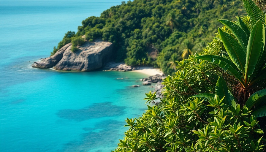 Tropical coastline with clear sea, vibrant greenery.