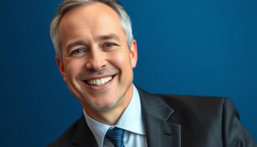 Businessman in suit smiling against blue background.