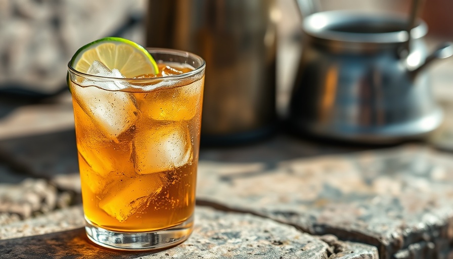 Dirty soda trend with ice and lime on a stone surface.