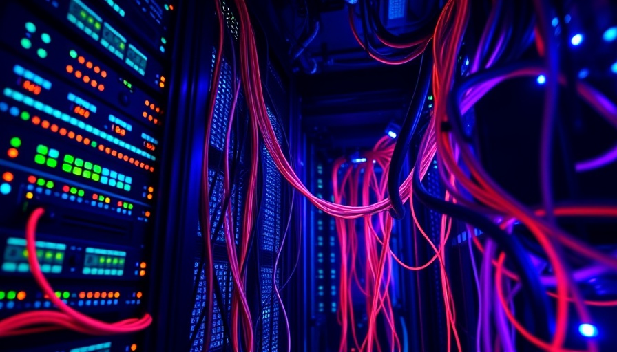 Server racks with colorful cables in dim lighting, representing modern tech.