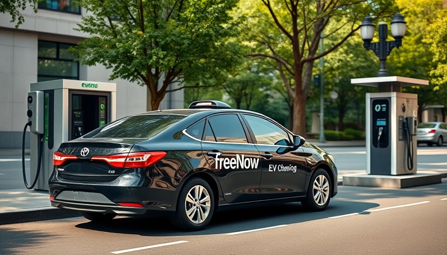 FreeNow branded taxi at EV station, urban setting, Lyft FreeNow acquisition 2025.
