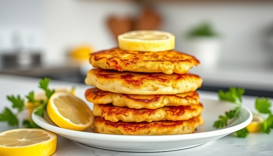 Classic Cod and Potato Fritters with lemon slices on a plate.