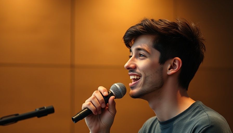 Young man speaks passionately, modern setting
