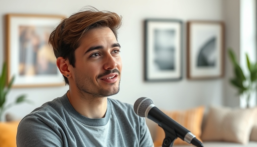 Confident speaker using microphone in relaxed setting.