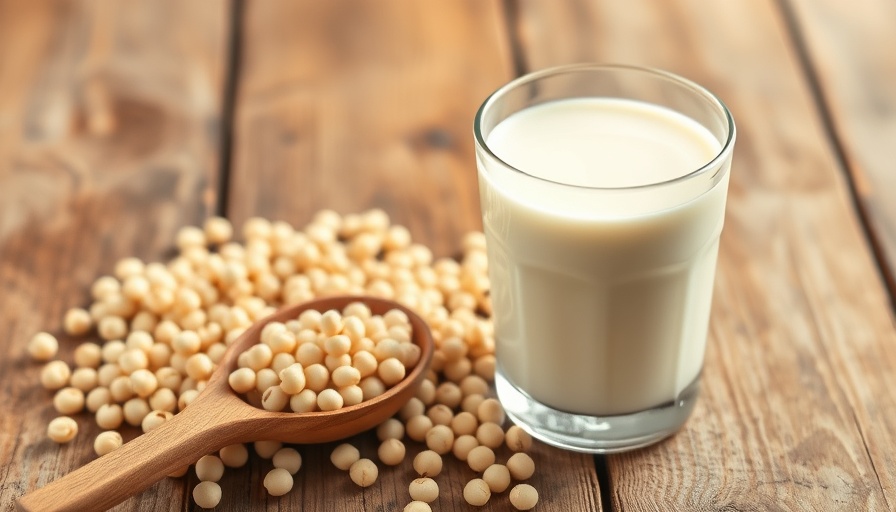 Nutritional benefits of Soy Milk displayed with soybeans and glass.