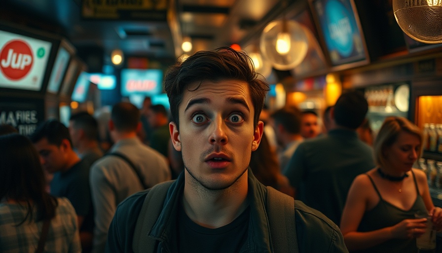 Surprised person in busy bar, cinematic ambiance.