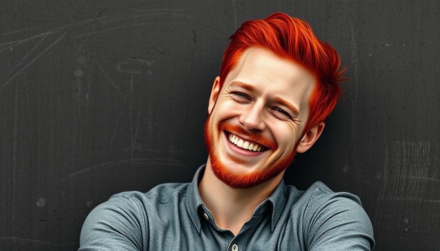Man with red hair smiling casually, monochrome background.