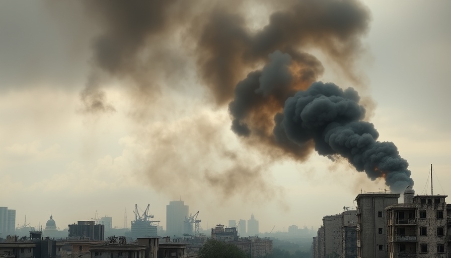 Urban skyline with smoke rising, related to Hamas ceasefire rejection.