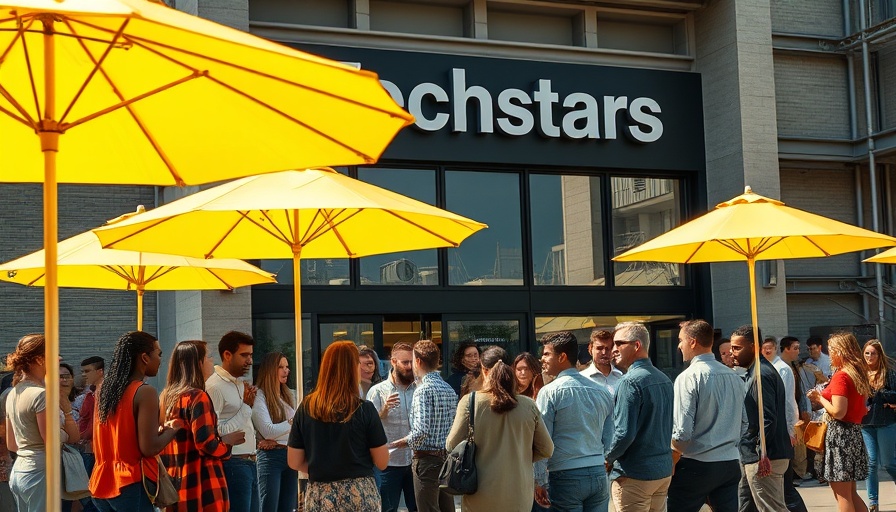 Techstars outdoor event with a group of people and yellow umbrellas.