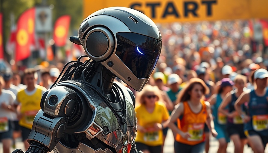 Dynamic humans vs robots marathon in outdoor race scene.