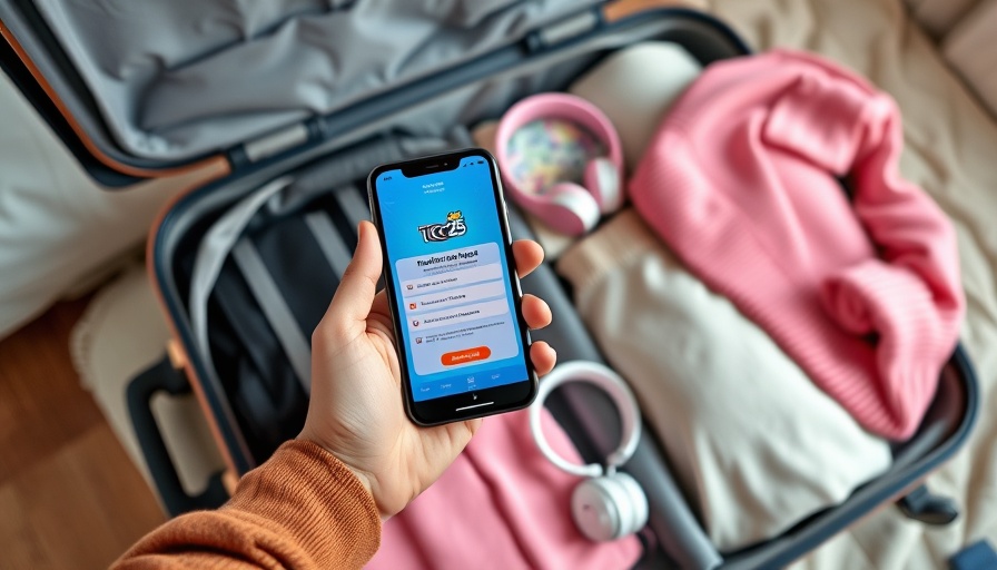 Smartphone showing TGC25 registration above packed suitcase with clothes.