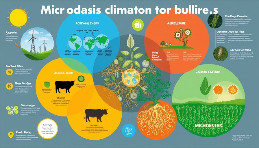 Infographic of microbes aiding climate change solutions in energy and agriculture.
