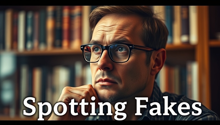 Man contemplating 'Spotting Fakes', with blurred bookshelf background.