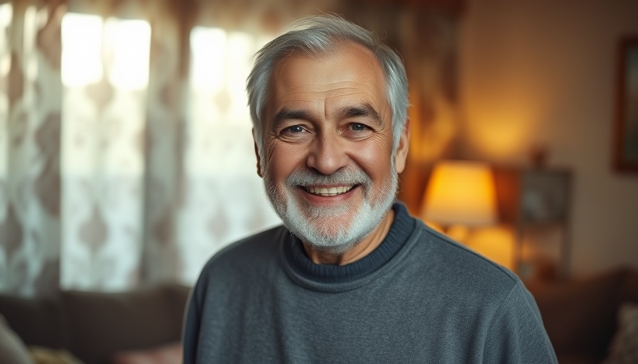 Content older man smiling indoors, wearing a humorous shirt. GOD HEALS