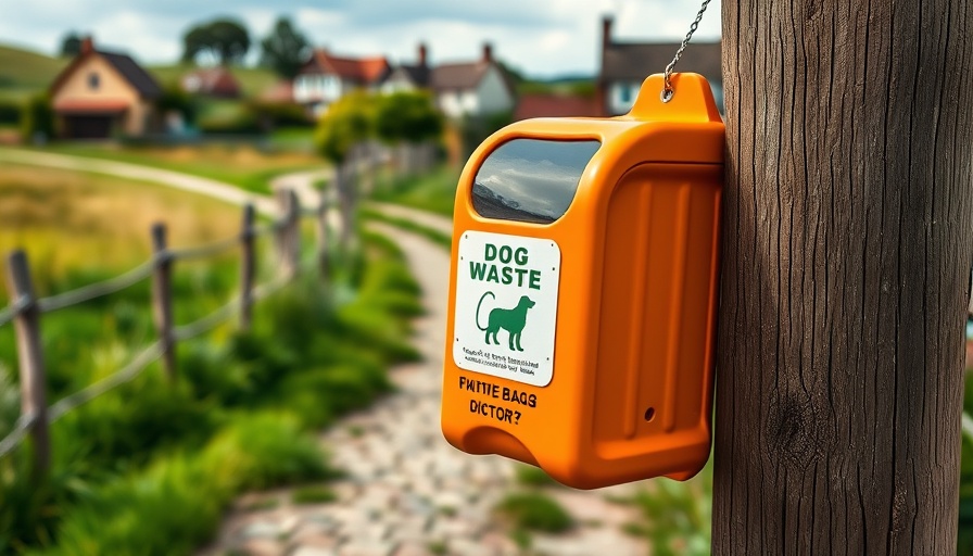 Community dog waste bag dispenser on a path near grassy field and houses.