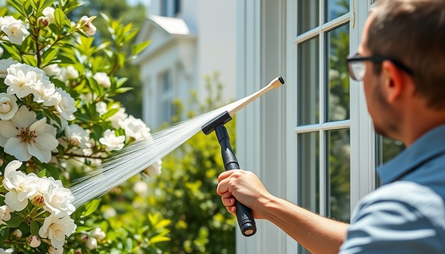Using a telescopic hose brush for window cleaning on a sunny day.