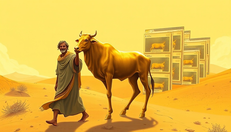 Surreal Silicon Calf AGI Idolatry Faith illustration in a desert.