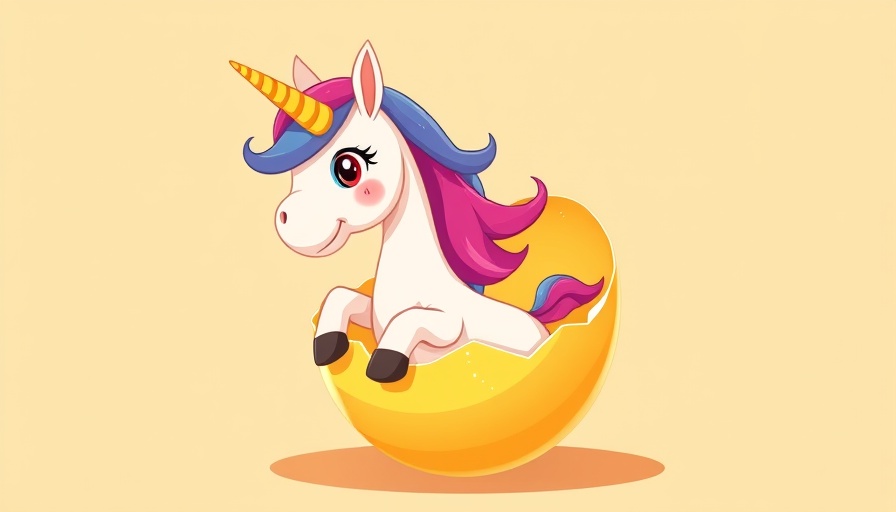 Colorful cartoon unicorn hatching for new tech unicorns 2025 concept.