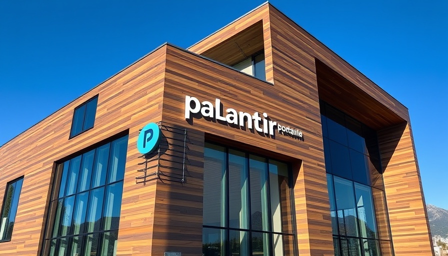 Palantir wooden building with logo, blue sky background.