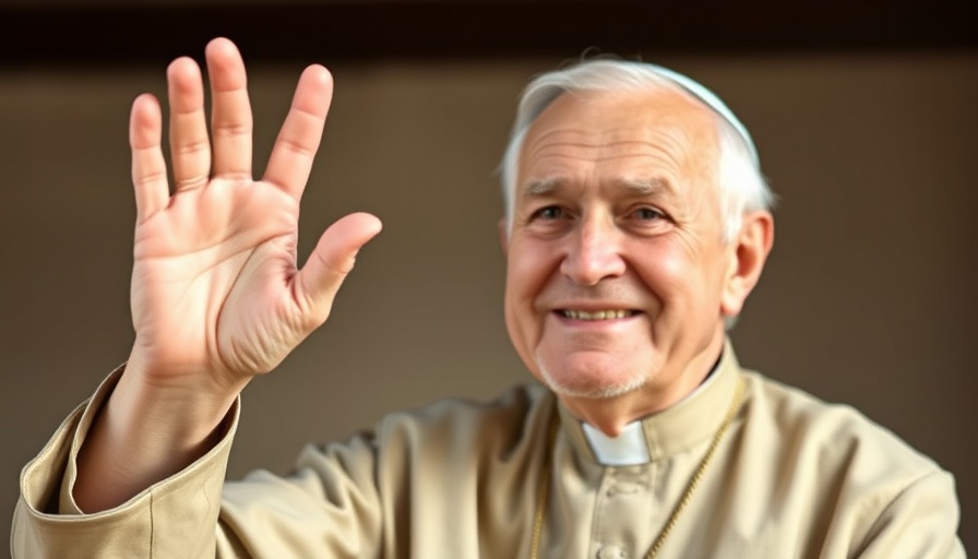 Pope Francis raising hand and smiling warmly, gentle expression.