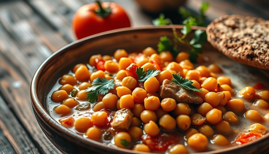 Spain’s BEST-KEPT Chickpea Stew in a white bowl with vegetables and rustic setting.