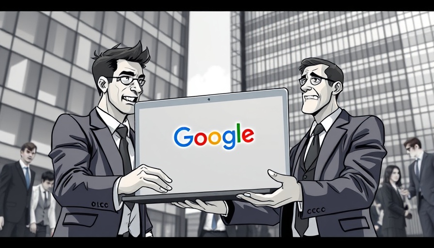 Businessmen with giant Google laptop, depicting monopoly theme.