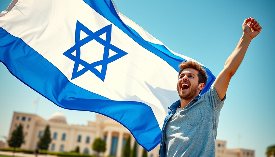 Israeli flag waving near parliament building, Independence Day celebration.