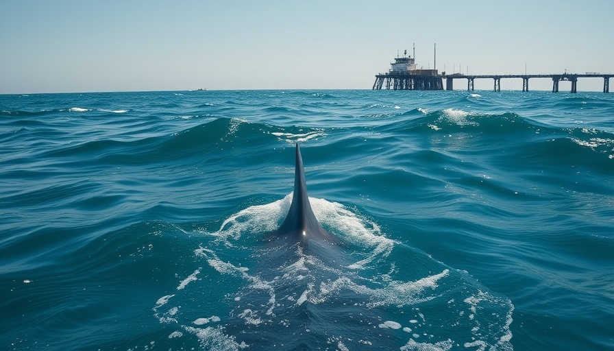 Shark fin near swimmer in Hadera, industrial backdrop.