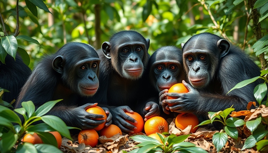 Wild chimpanzees interacting with fruit in a forest environment