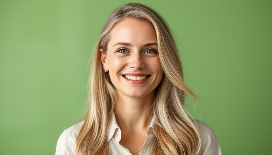 Smiling woman in a light blouse with blonde hair and a green background.