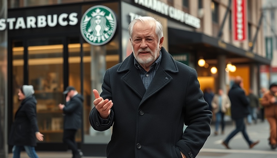 Get free college through job, man presenting at Starbucks, urban scene.
