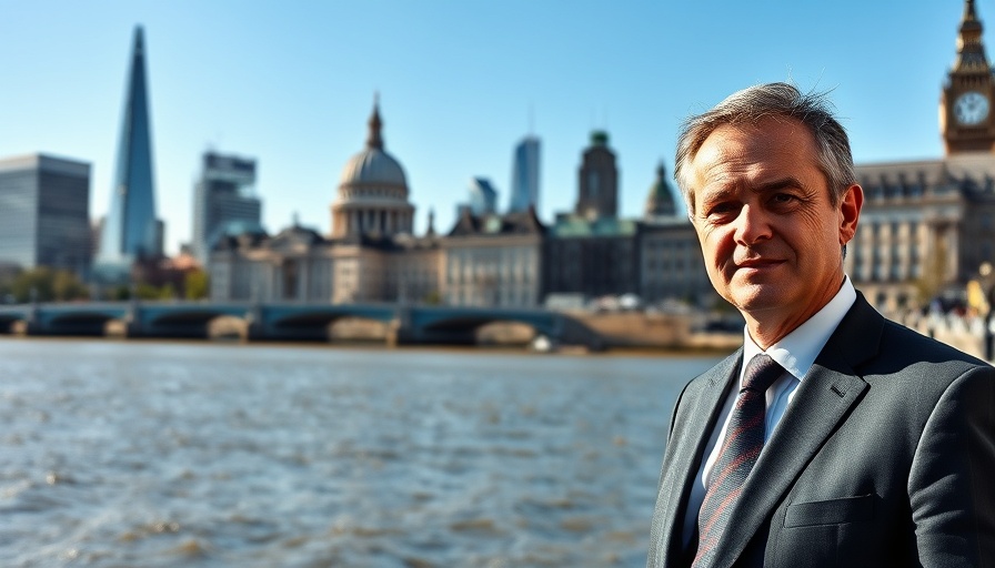 Confident man by Thames with London skyline representing property market gains.
