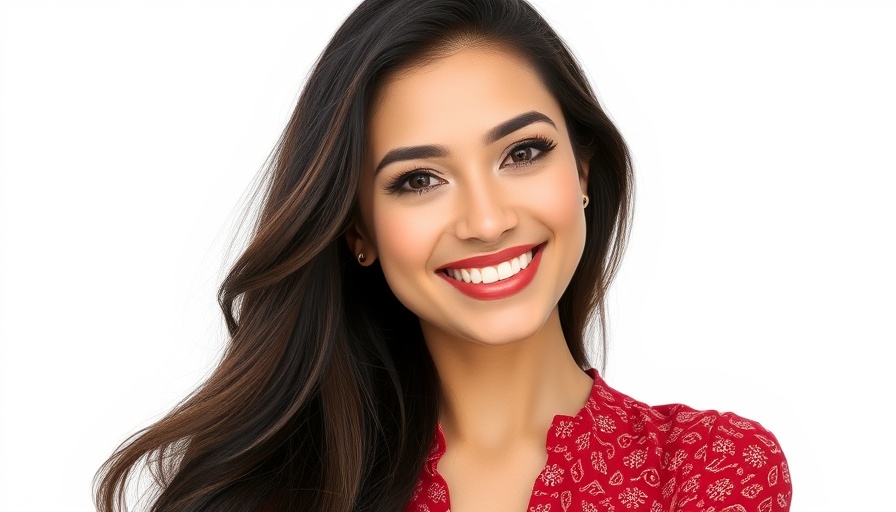 Confident woman smiling in red blouse, Severance Corporate Culture.