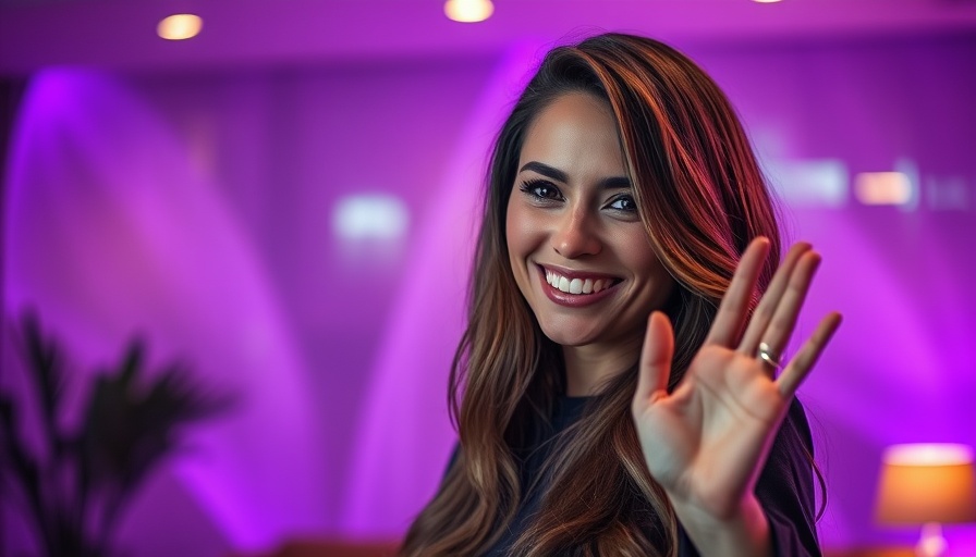 Woman indoors waving with a smile, ambient lighting.