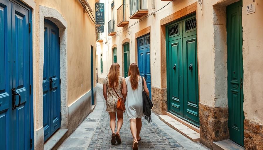 Women walking in a Tunisian alley with colorful doors.