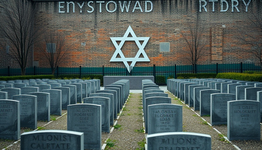 Somber Holocaust memorial with Star of David and marked graves.