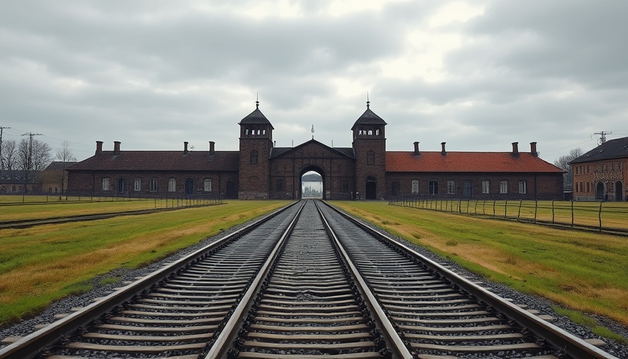Railway tracks leading to Auschwitz-Birkenau under overcast sky.