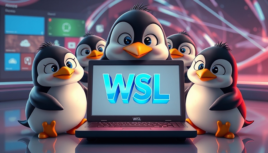 Penguins around a laptop showing WSL logo for Windows Subsystem for Linux.