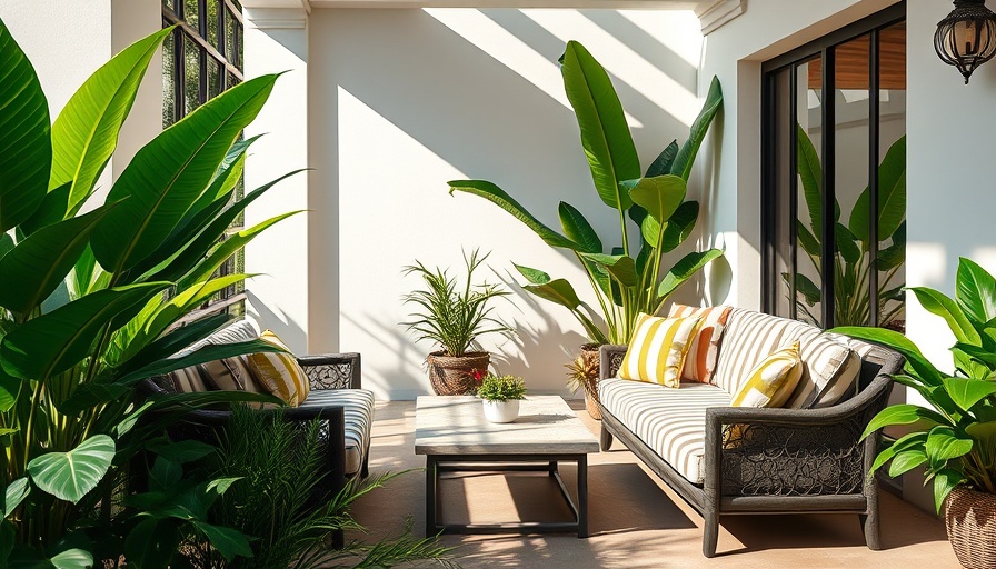 Elegant patio setting with greenery, John Lewis repair service inspiration.