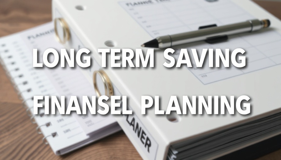Long Term Savings planner with motivational text on wooden desk.