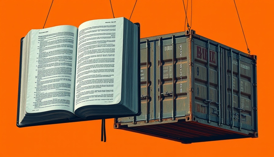 Illustration of Holy Bible and shipping container in vibrant colors.