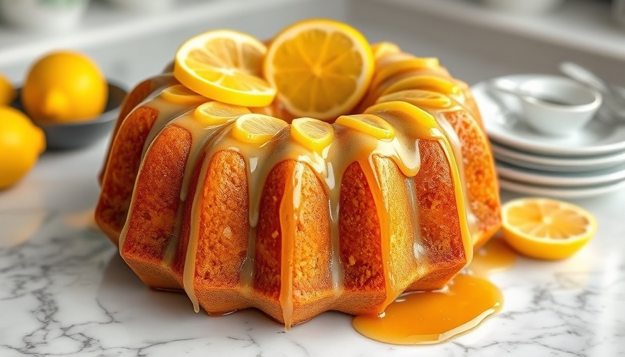 Glossy lemon bundt cake with syrup topped with lemon slices.