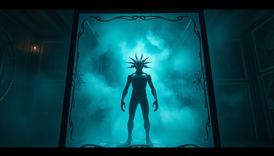 Eerie humanoid in foggy chamber, mystical atmosphere.