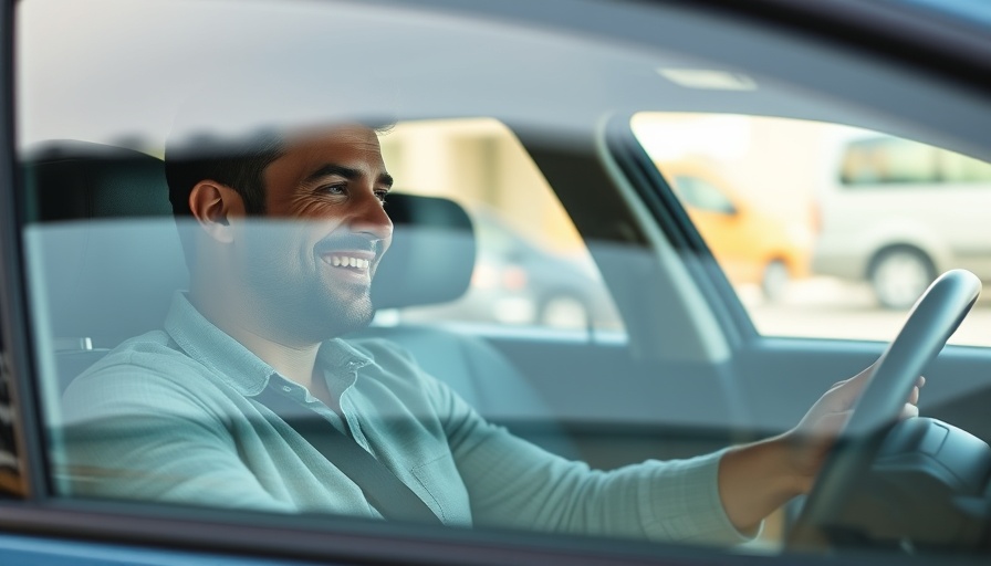 Casual man in car smiling, highlighting communication benefits.