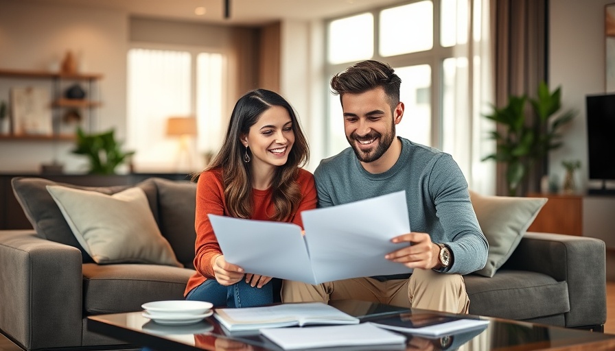 Young couple in modern living room completing home purchase, first-time buyer completions.