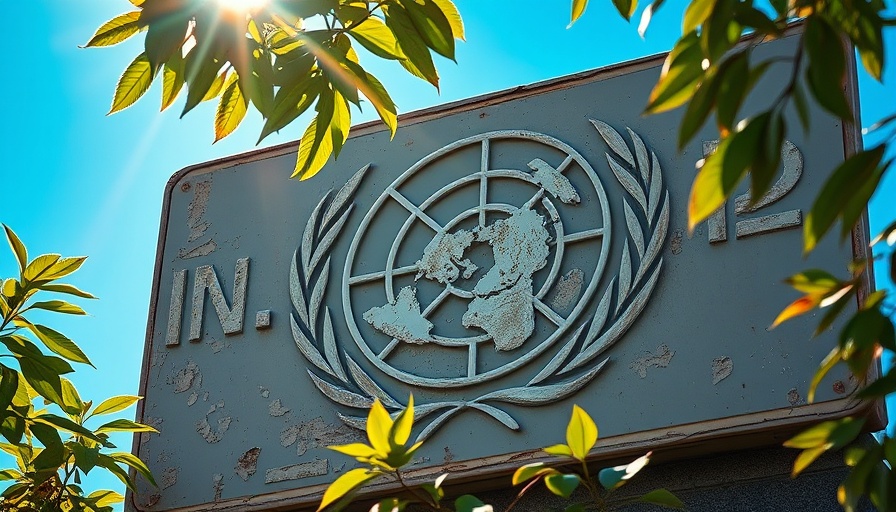 Faded UNRWA sign partially obscured by shadows and foliage.